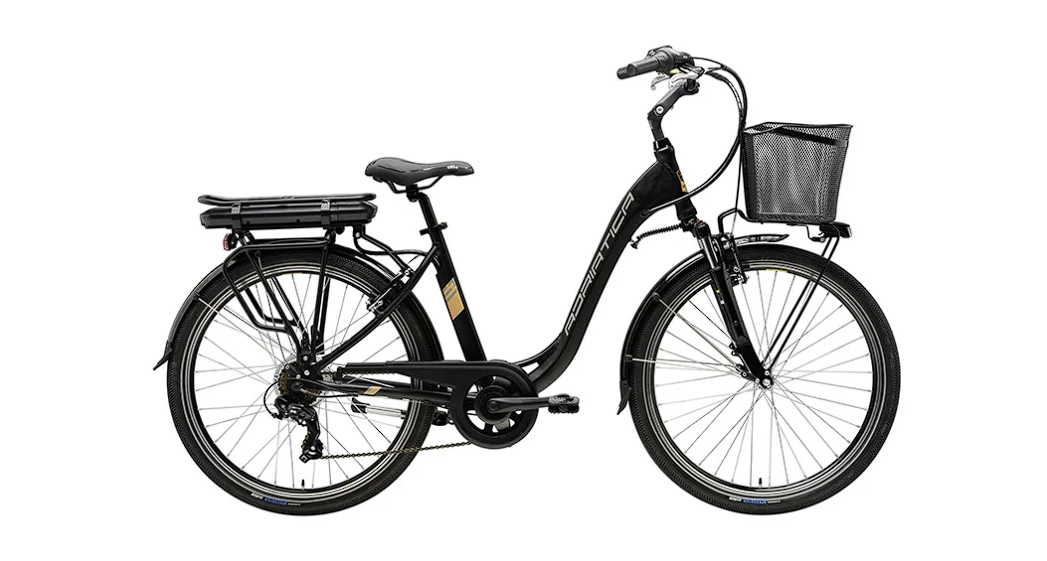 Black electric rental bike with front basket and rear battery pack